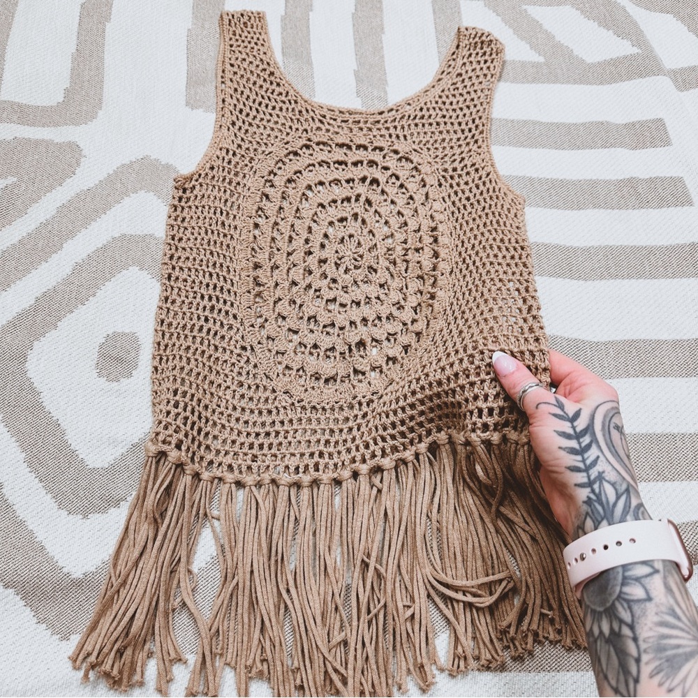 Crochet fringe tank brown / tan S